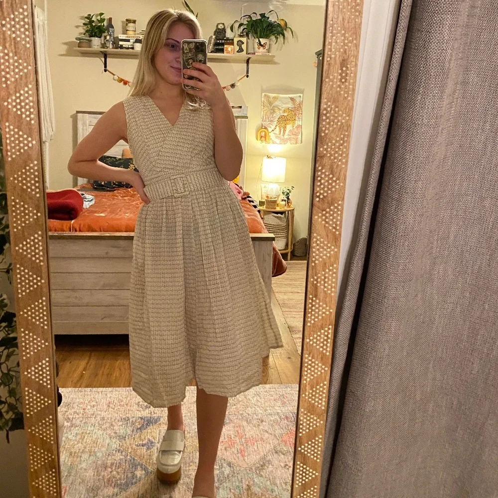 Vintage 1980s Beth Jordan White Floral Belted Pleated Dress - Picture 3 of 11